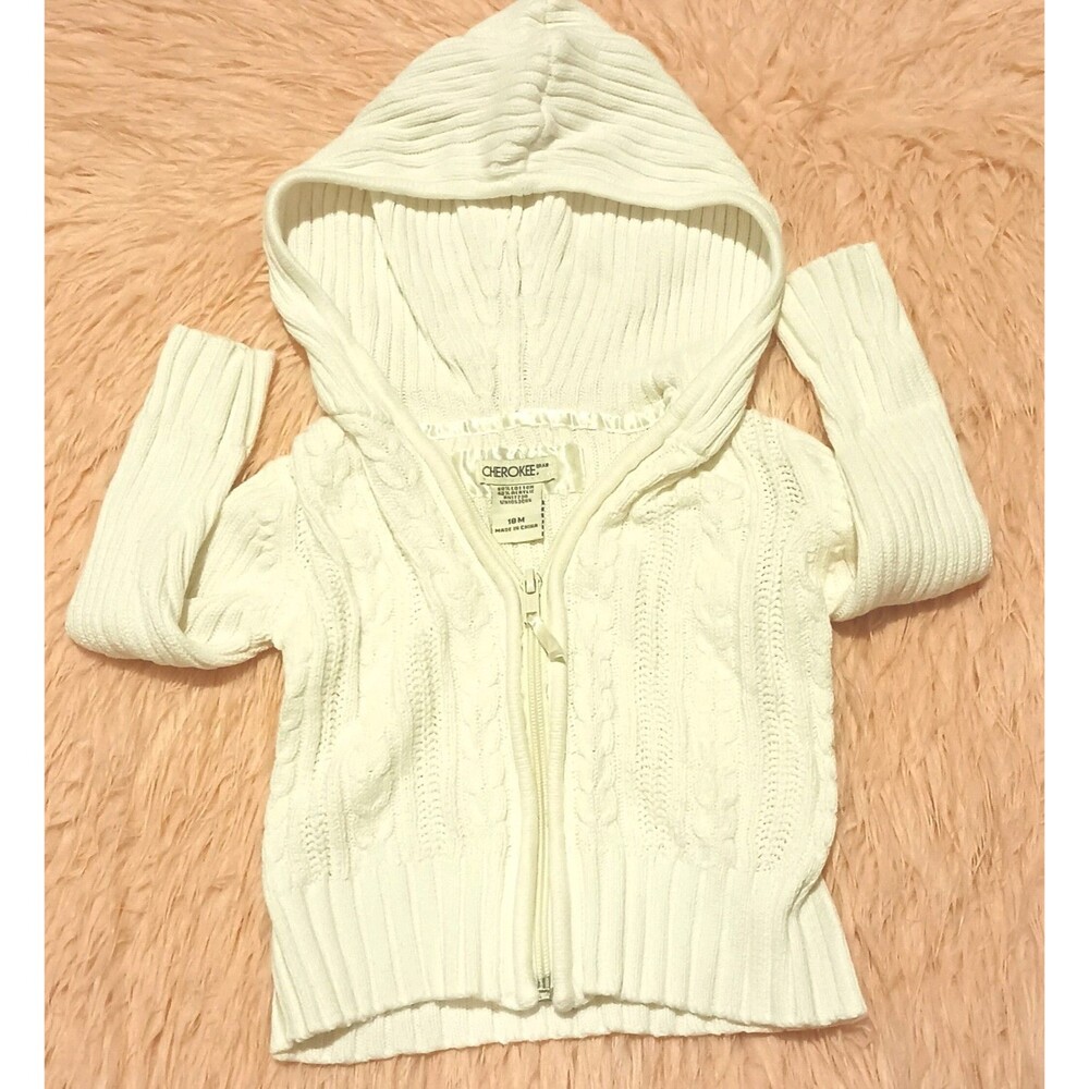 Cherokee Baby Toddler White Cream Cable Knit Full Zip Hooded Sweater 18M Cotton